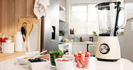 Home, ingredients and blender in kitchen, smoothie and healthy drink with nutrition. Empty, apartment or appliance with recipe, fruit or diet with machine, wellness or antioxidant benefits with fiber