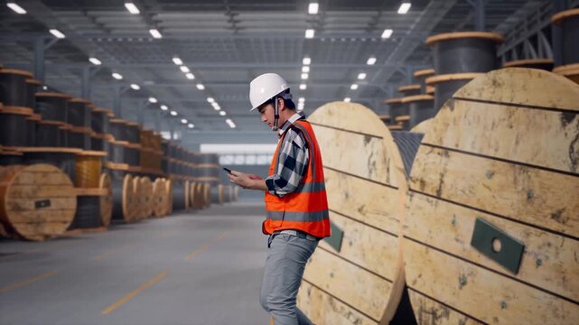 Side View of Asian Male Engineer Use Smartphone While Walking In Cable Coils Warehouse