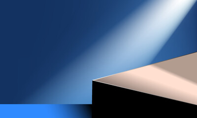 The corner of a paperboard on a blue wall is illuminated by a diagonal line of light. for product placement background. vector illustration