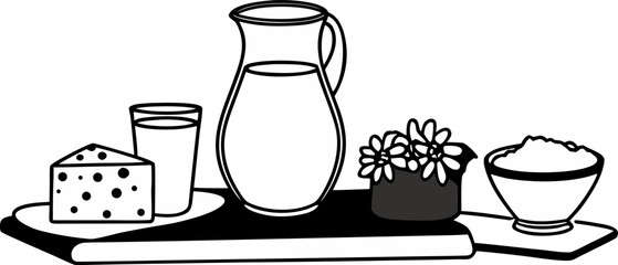 A still life image presents a collection of dairy products on a wooden board against a solid black background. In the center, a clear glass pitcher filled with milk dominates the scene, alongside a fu