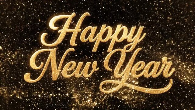 Sparkling golden Happy New Year wishes with shimmering glitter on black for festive celebrations and holiday greetings in a dynamic video sequence