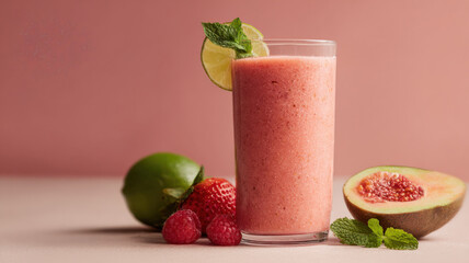A refreshing fruit smoothie with a lime garnish, berries, and a pink background. The drink sits beside fresh fruit