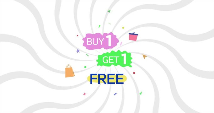Buy one get one free text with confetti and gift icons &ndash; special sale offer banner animation