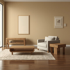 Minimalist living room design emphasizes clean lines and simplicity, featuring wooden furniture that contributes to an organic feel. A cozy armchair serves as a focal point, providing comfort while ma