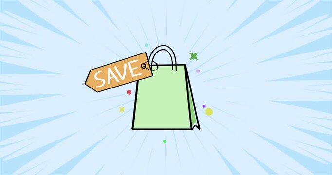 Shopping bag with save tag and confetti &ndash; money saving and discount sale concept animation
