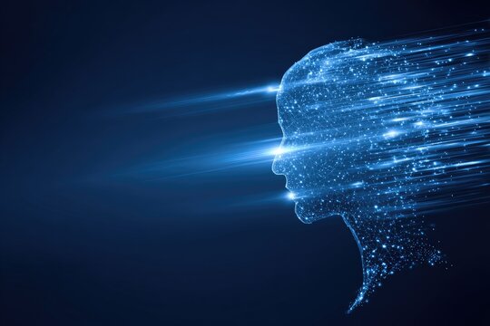 Profile silhouette of a head composed of glowing particles, with light streaks emanating