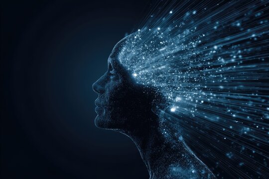 Profile of a face dissolving into streams of light, symbolizing intellect and thought