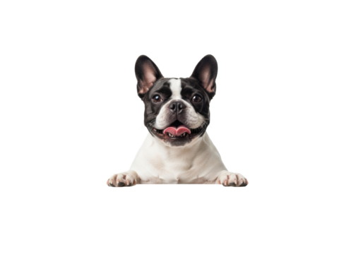 Adorable black and white French Bulldog, pointy ears, happy smile, tongue out, peeking over a white surface in a pristine studio with soft high-key lighting. Concept of pet joy and companionship
