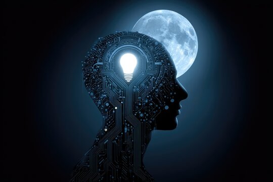Silhouette of a head formed by circuits with a light bulb and a full moon background - Powered by Adobe