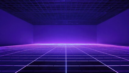 An empty room bathed in violet light, with a grid floor and ceiling, and smooth walls