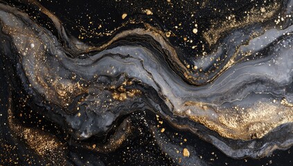 Abstract fluid art depicting swirling blacks, grays, and golds with sparkling elements