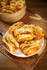 Handmade Pork Scallion Rolls Traditional Asian Breakfast Appetizer Food Photography