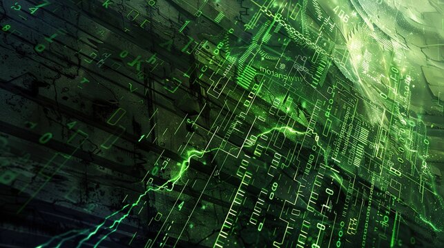 Ancient mural eroded by flowing green binary code rain, revealing complex circuit board textures beneath. Cyberpunk style digital art showcasing the clash of technology and history with dramatic sidel