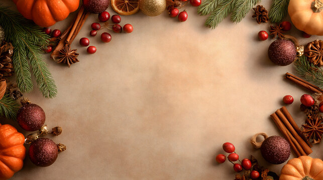 Winter Feast Invitation with Pumpkins, Pine Leaves, Apples, and Cinnamon – Thanksgiving to Christmas Theme