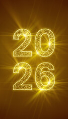 Vertical illustration of abstract neon light with the numbers 2026 over yellow background - represents the new year - vacation concept.