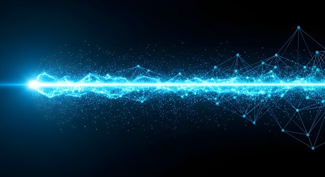 Abstract glowing blue light beam and connecting futuristic dots. Digital data stream, big data, network, and communication technology concept. Bright energy wave radiating on a dark background