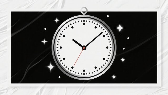 White analog clock with black background and sparkling stars time white clock face