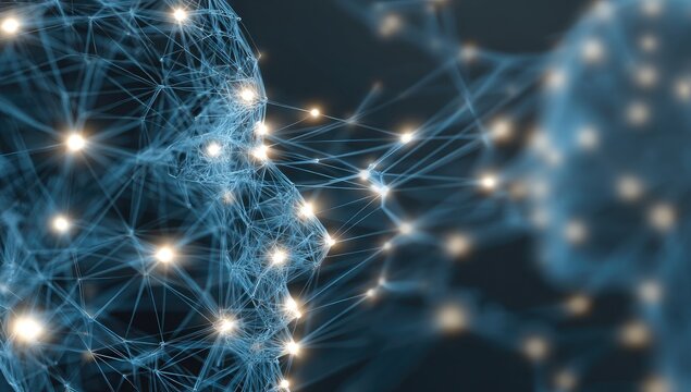 Futuristic depiction of a human head formed by interconnected nodes of light, on a dark background