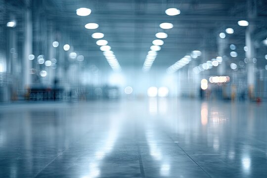 Vast, blurry indoor industrial scene, showing a long perspective with bright, circular ceiling lights