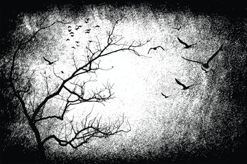 Silhouette of bare trees with flying birds. Gothic style black and white illustration	