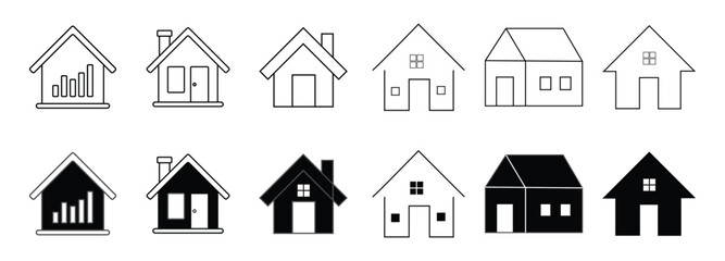 House Icon Set | Real Estate Home Symbol Bundle | Minimal Outline and Solid Vector Icons
