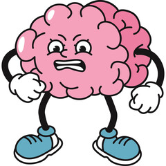 Cartoon Pink Brain Character with Angry Expression and Blue Shoes on Transparent Background