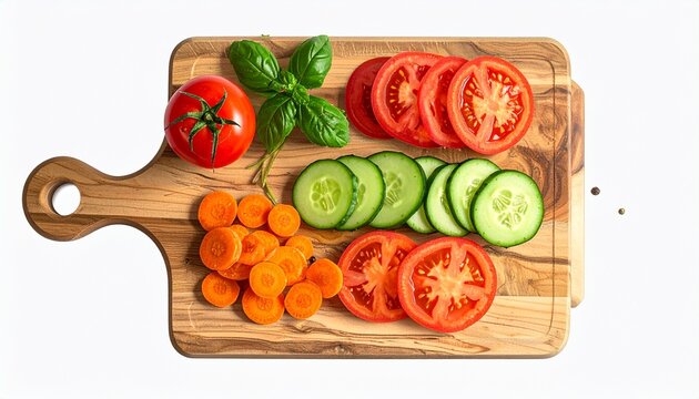 Wooden cutting board with sliced vegetables (tomato, cucumber, carrot) arranged neatly top-down view, transparent PNG.