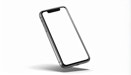 loating smartphone angled towards the viewer with blank white screen, sharp metallic edges, and soft shadow — perfect for app mockup or tech design PNG