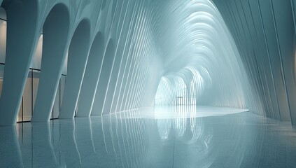 A modern, bright architectural interior with curved white walls and a reflective floor