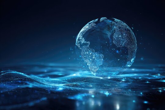 Futuristic rendering of planet earth composed of glowing dots hovering above a digital landscape