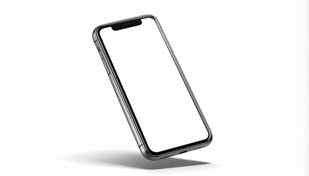 loating smartphone angled towards the viewer with blank white screen, sharp metallic edges, and soft shadow — perfect for app mockup or tech design PNG