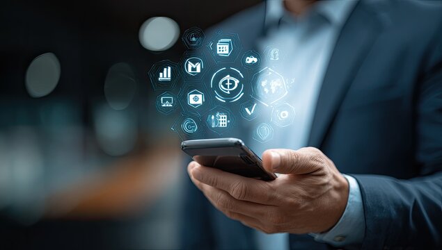 Businessman in suit holds phone with illuminated app icons representing network, data, and global info
