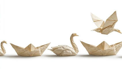 Crafted paper origami swans and a boat in a row against a bright white backdrop