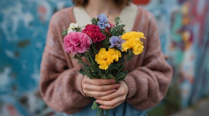 Close-up of hands gripping bright exotic blooms with textured graffiti wall blurred behind — representing urban creativity, contemporary floral styling, and colorful lifestyle storytelling for