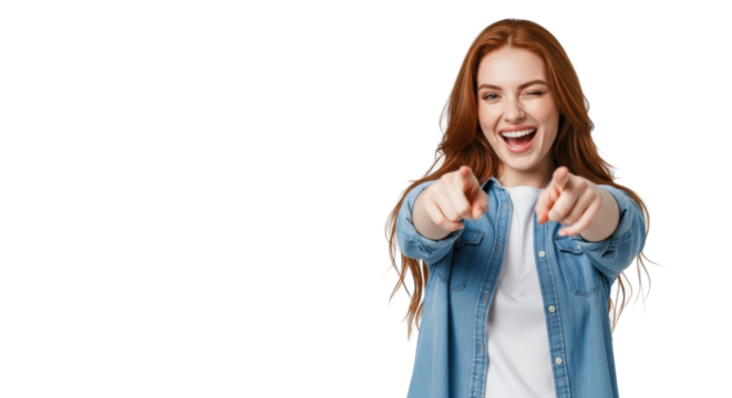 Joyful young caucasian woman with vibrant red hair, denim and white t-shirt, laughing, winking, and pointing at viewer in a bright studio with plain light grey background. Concept of positive