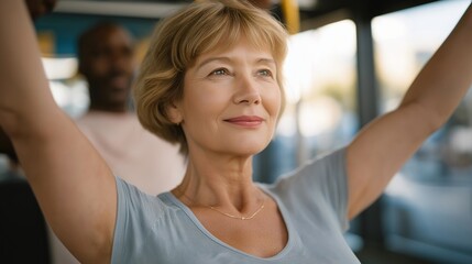 Senior woman confidently exercising on a Pilates reformer guided by a personal trainer who provides gentle support — concept of active aging, mobility enhancement, personalized wellness coaching,