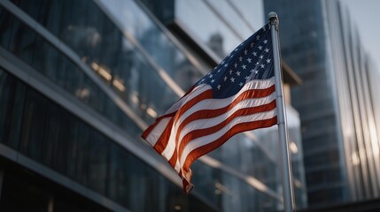 USA flag reflected on the glass facade of a modern corporate skyscraper during sunrise, representing urban patriotism, modern architecture, and symbol of American business and progress. cinematic
