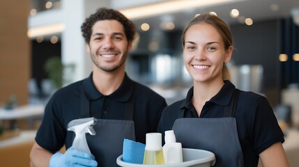 Team of cleaning professionals organizing supplies and eco-friendly detergents in a modern janitorial room — operational efficiency and sustainability imagery, emphasizing organization and modern