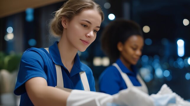 Team of cleaning professionals organizing supplies and eco-friendly detergents in a modern janitorial room — operational efficiency and sustainability imagery, emphasizing organization and modern - Powered by Adobe