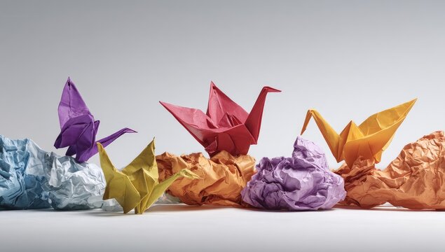 Colorful origami cranes sit atop crumpled paper. Vibrant composition with various hues