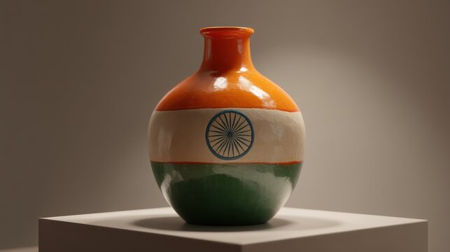 A ceramic vase painted with the India flag rests on a neutral platform spotlight angled to emphasize glossy