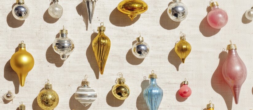 Vintage christmas ornaments in sunlight on textured canvas background