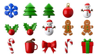 Christmas Symbols Big Set, Colorful Festive Icons and Decorations Isolated on White Transparent Background, Holiday Elements Including Gifts, Bells, Stars, Candy Canes, and Tree Ornaments