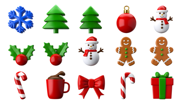 Christmas Symbols Big Set, Colorful Festive Icons and Decorations Isolated on White Transparent Background, Holiday Elements Including Gifts, Bells, Stars, Candy Canes, and Tree Ornaments