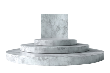 A white marble pedestal with three stacked circular tiers against a black background