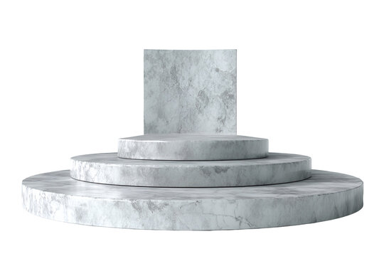 A white marble pedestal with three stacked circular tiers against a black background