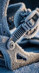 Macro frost crystals on snowboard binding detailed winter sports equipment close up texture minimal natural light