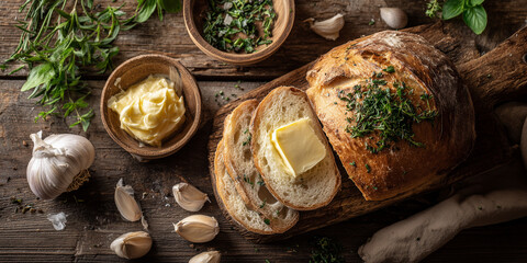 Frisch gebackenens Brot mit Butter. Sch&ouml;n dekoriert. Werbebanner f&uuml;r B&auml;ckerrei Brotshop oder Verpackung