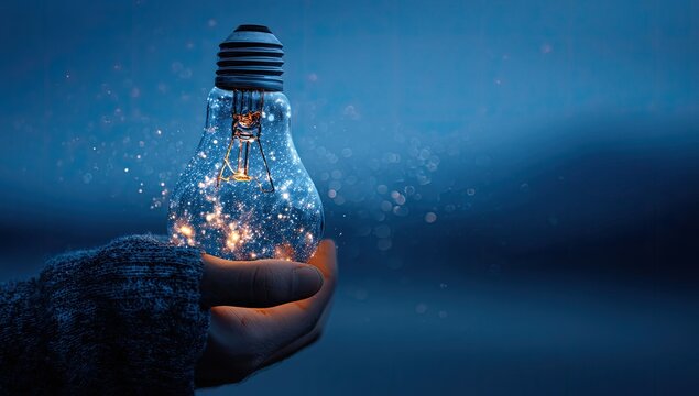 Hand gently cradling illuminated lightbulb, filled with shining particles, against a blurred backdrop