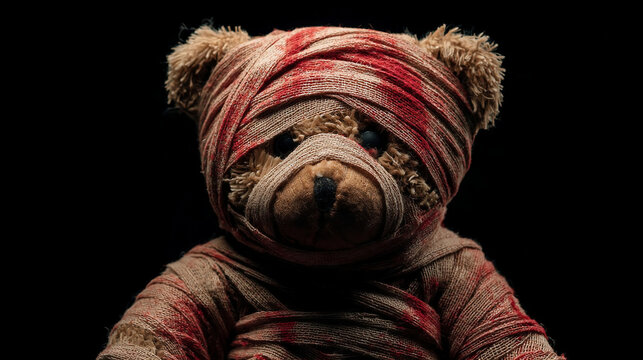 Old brown teddy bear wrapped in bloody bandages on a black background.